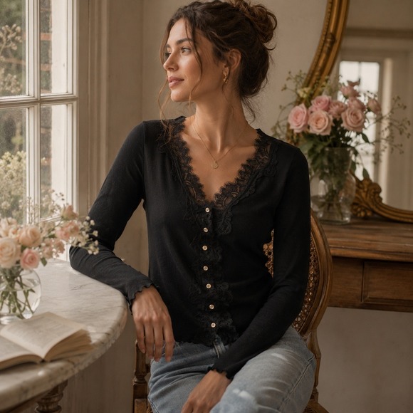 J. Crew Tops - J Crew Lace Trim Cardigan Top Sz XL Black Lettuce Hem Lightweight Romantic